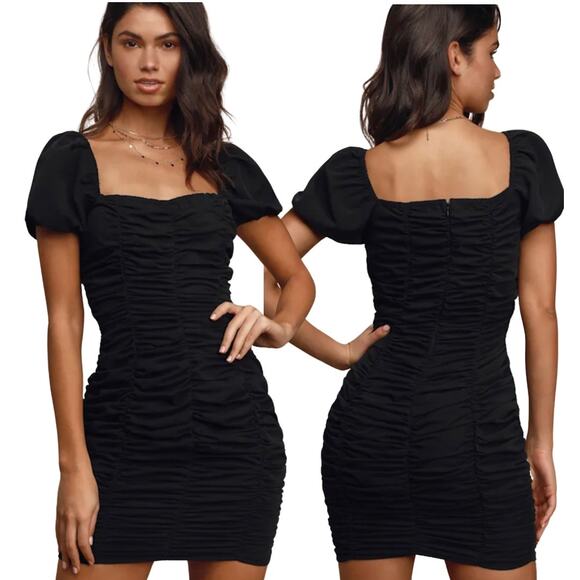 Lulus size M Confidence Is Key Black Ruched Bodycon Dress Puff Sleeves - Picture 1 of 10